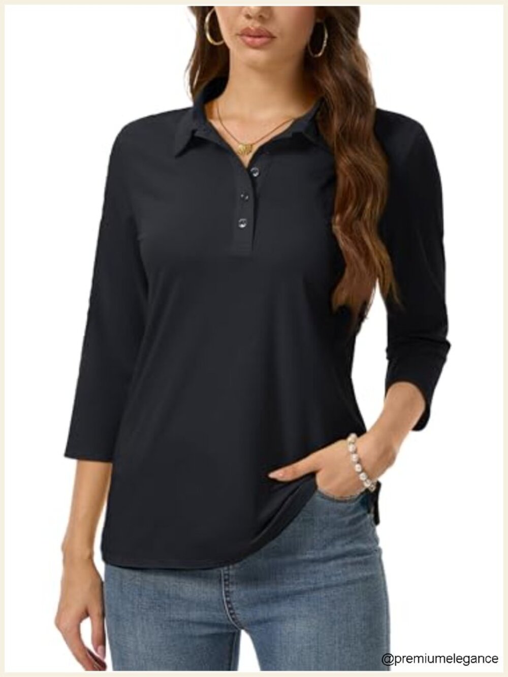 Women's Cotton Blend Polo Shirt 3/4 Sleeve UPF 50+ Business Casual Work Tee